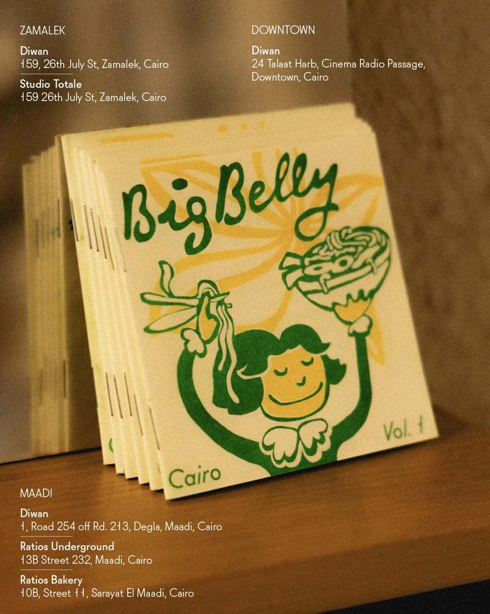A stack of zines with the list of Cairo stockists