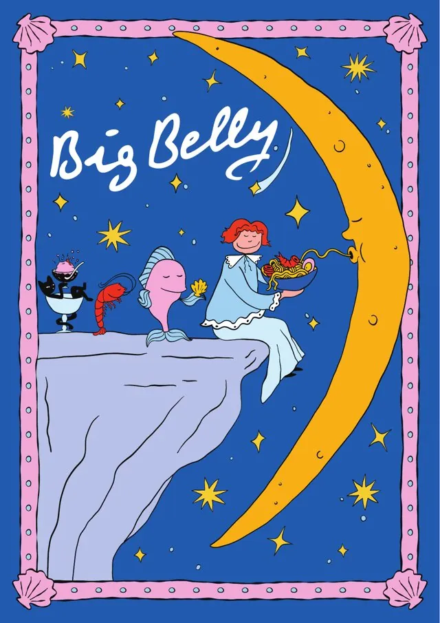 Big Belly poster: a girl eating spaghetti on a cliff beside the moon