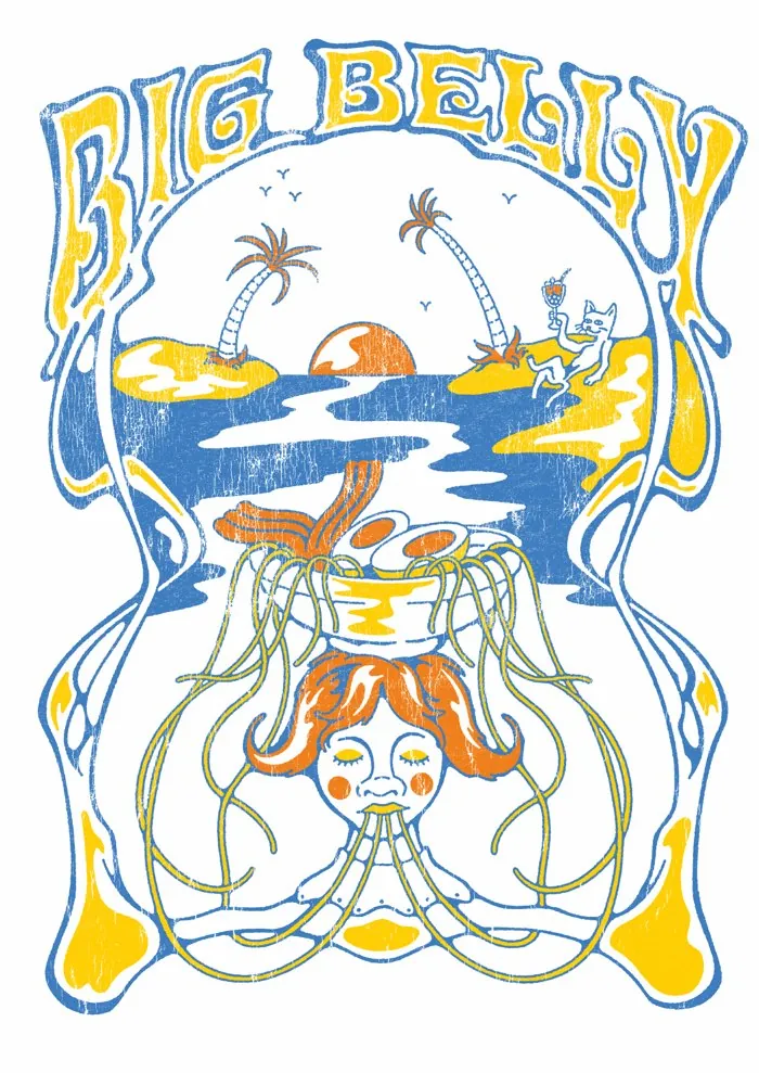 Big Belly poster: a girl slurping spaghetti beneath a beach sunset, in blue, yellow and orange